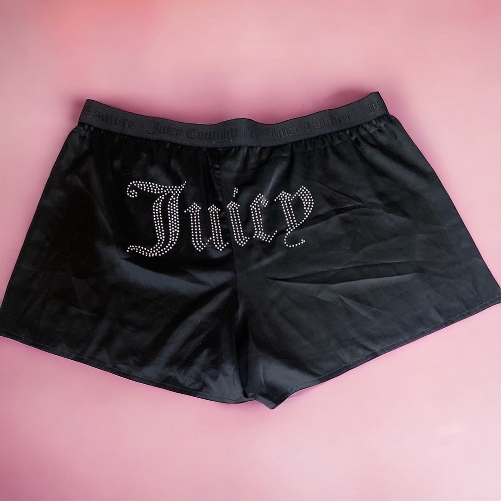 Juicy Couture Womens Black Satin Sleep Shorts Rhinestone Logo XL NEW